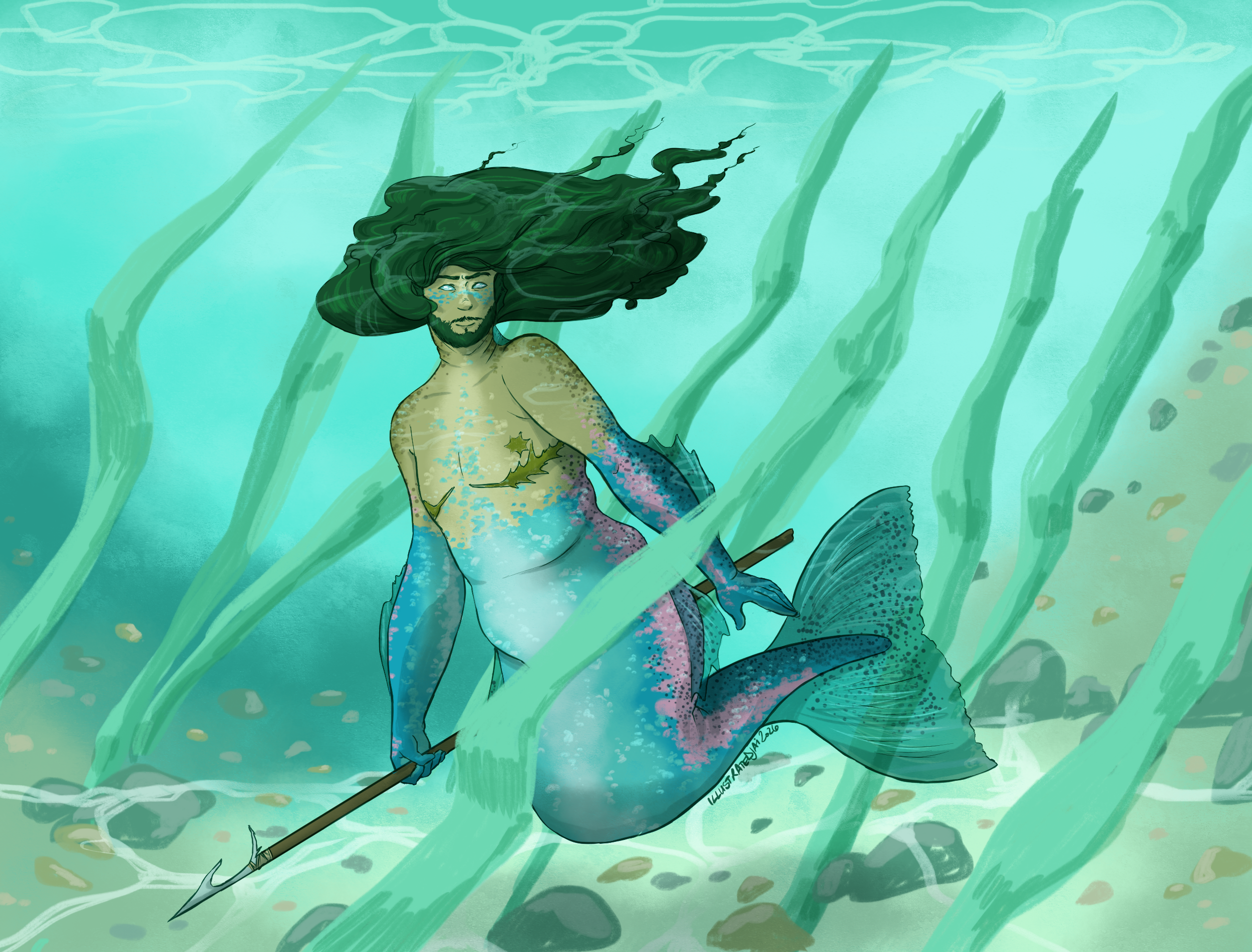 A digital illustration of a trans mer man underwater. He is mostly human from about the bottom of the ribs up, and mostly fish from that point down. Both parts of him are vaguely inspired by the pattern of a Rainbow Trout, with a stripe of brighter colour along his sides, and a lighter area stretching from his neck down along his tail. His human parts are a medium greenish brown sort of colour. He has long, dark green hair which is floating around his head. He has a matching neatly trimmed beard. He has top surgery scars on his chest, which are exaggerated and darker than his skin. Hist ail is a brighter blueish green, with a pink stripe along the side. From the elbows down his arms match his tail. He's carrying a spear reminiscent of the kind used for spear-fishing. He's floating with his tail curled under him almost like he's kneeling, a short distance above the sea floor, which is sandy with variou sizes of stones scattered about. There's long kelp floating around him, with one piece of kelp cutting diagonally across the centre of the image in front of him. 